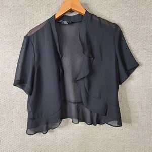 DN Design Shrug Womens 16 Black Ruffle Open Front Chiffon Polyester Sheer Casual